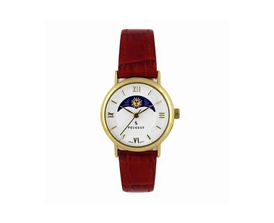 Peugeot Women's 26mm Sun-Moon Phase Gold Watch with Brown Leather Strap