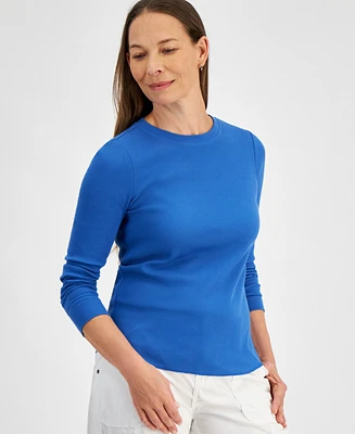 Style & Co Petite Waffle-Knit Long-Sleeve Crewneck Top, Created for Macy's