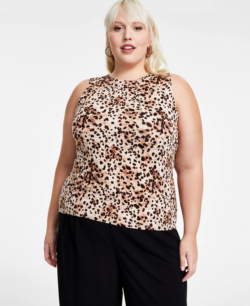 Bar Iii Trendy Plus Cheetah-Print Sleeveless Jersey Crewneck Top, Created for Macy's