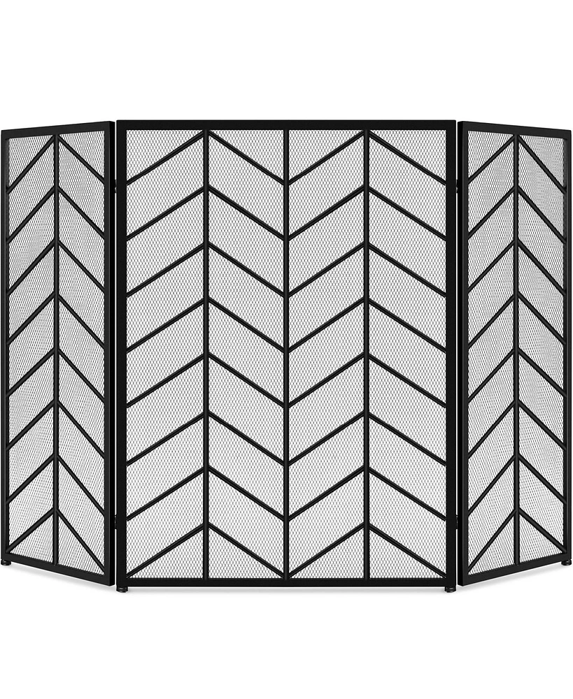 Best Choice Products 52x31in 3-Panel Iron Chevron Fireplace Screen, Spark Guard w/ Handles