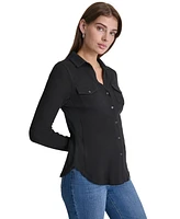 Dkny Jeans Petite Cotton Collared Button-Front Shirt