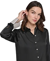 Karl Lagerfeld Paris Women's Rhinestone-Cuff Button-Down Top