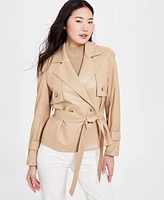 Anne Klein Women's Faux-Leather Belted Short Trench Jacket