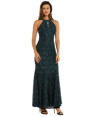 R & M Richards Women's Glitter Lace Halter Gown