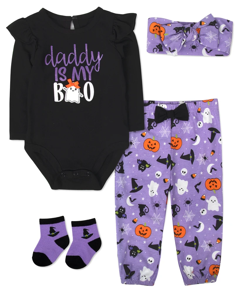 Baby Essentials Girl Halloween Bodysuit, Pant, Sock & Headband, 4-Piece Set