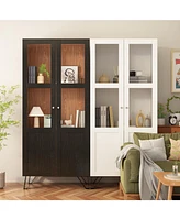 Famapy Brown 2-Door Wood Bookcase Bookshelf with 3-Tier Shelves