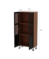 Famapy Brown 2-Door Wood Bookcase Bookshelf with 3-Tier Shelves