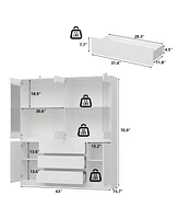 Famapy White Wood 16-Shelf Accent Bookcase with 3-Color Led Lights, Drawers