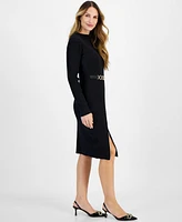 Robbie Bee Women's Ribbed Belted Side-Slit Sweater Dress