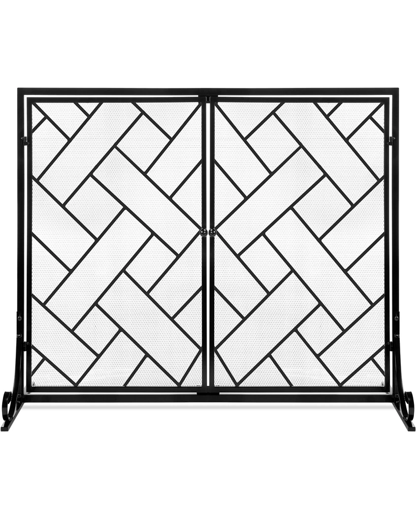 Best Choice Products 44x33in 2-Panel Handcrafted Wrought Iron Geometric Fireplace Screen w/ Magnetic Doors