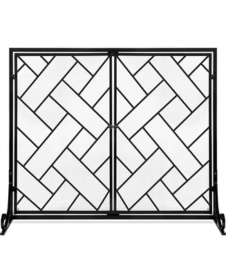 Best Choice Products 44x33in 2-Panel Handcrafted Wrought Iron Geometric Fireplace Screen w/ Magnetic Doors