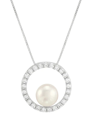 Grown With Love Cultured Freshwater Pearl (8mm) & Lab Grown Diamond (1/2 ct. t.w.) Open Circle 18" Pendant Necklace in 14k White Gold