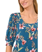 CeCe Women's Floral Crew Neck Knit Puff Sleeve Top