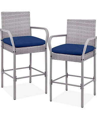 Best Choice Products Set of 2 Wicker Bar Stools w/ Cushion, Footrests, Armrests for Patio, Pool, Deck