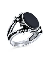 Bling Jewelry Unisex Urban Biker Jewelry Large Statement Oval Flat Natural Black Onyx Signet Double Sword Ring For Men Oxidized .925 Sterling Silver