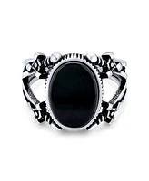Bling Jewelry Large Statement Oval Flat Black Onyx Signet Double Sword Ring Oxidized .925 Sterling Silver