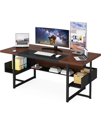 Tribesigns 62 Inch Big Computer Desk with Storage Shelves, Modern Executive Desk Workstation for Home Office Furniture, Walnut & Black