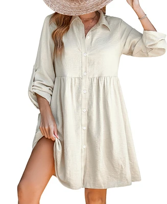 Cupshe Women's Beige Front Button Collared Mini Beach Dress