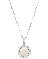 2-Pc. Set Cultured Freshwater Button Pearl (8 & 10mm) & Lab Created White Sapphire (7/8 ct. t.w.) Halo Pendant Necklace & Matching Stud Earrings in St