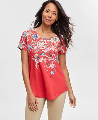 Jm Collection Petite Mariah Floral-Print Short-Sleeve Top, Created for Macy's