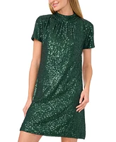 CeCe Women's Mock-Neck Short-Sleeve Sequin A-Line Dress