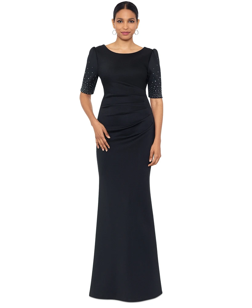 Xscape Petite Pleated-Waist Puffed-Shoulder Gown