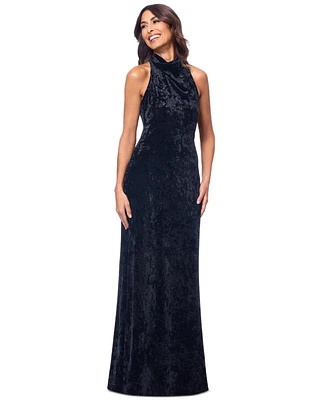 Betsy & Adam Women's Cowlneck Halter Sleeveless Velvet Gown