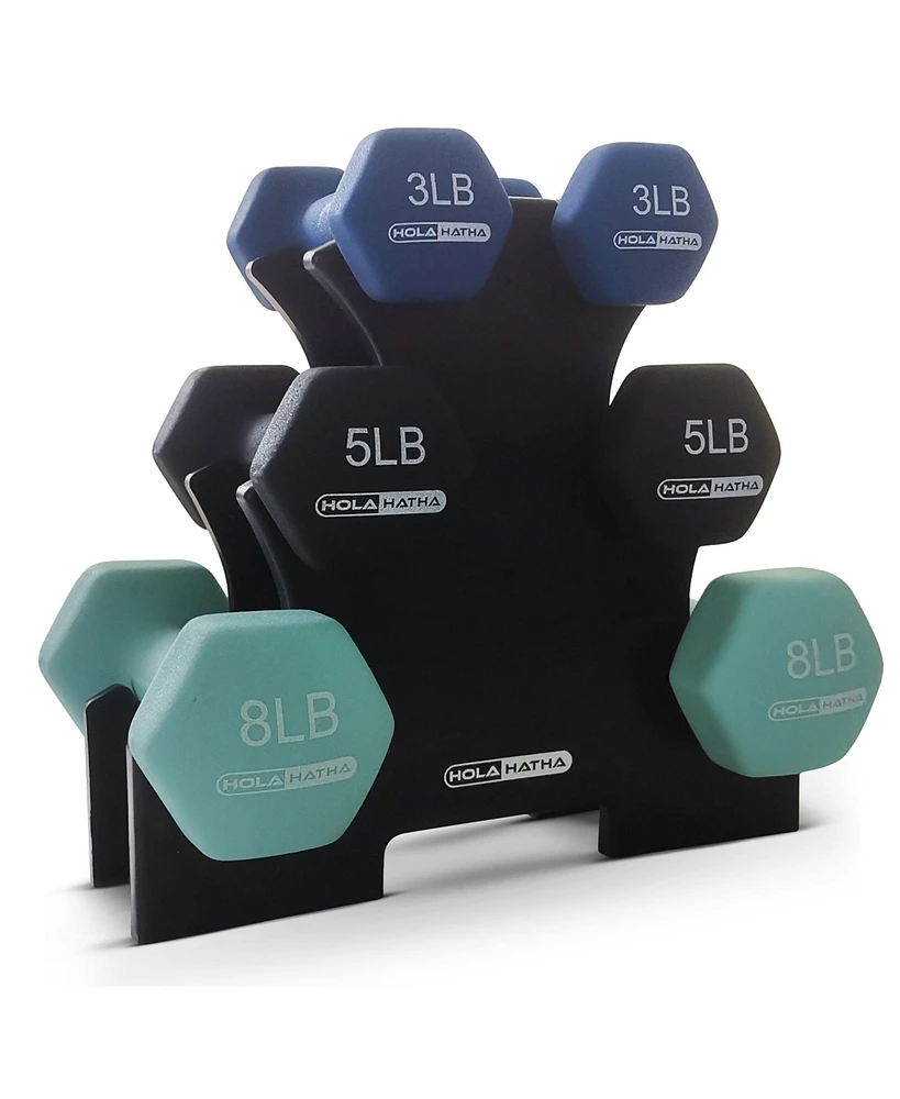 HolaHatha 3, 5, and 8 Pound Dumbbell Hand Weight Set with Storage Rack