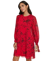 Calvin Klein Women's Long-Sleeve Printed Chiffon Dress