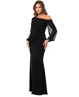 Betsy & Adam Petite One-Shoulder Sheer-Sleeve Evening Gown