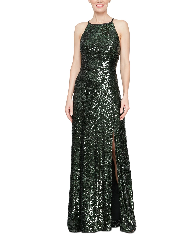 Alex Evenings Women's Halter-Neck Sleeveless Sequined Gown