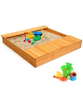 Costway Kids Cedar Sandbox w/ Storage Boxes & Bench Seats Children Outdoor Playset Backyard