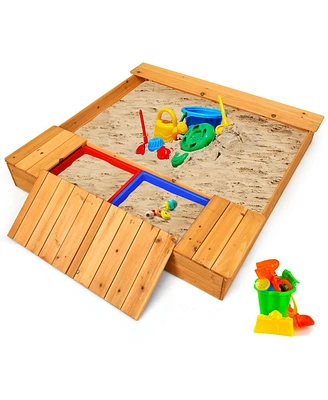 Costway Kids Cedar Sandbox w/ Storage Boxes & Bench Seats Children Outdoor Playset Backyard