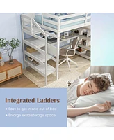 Gymax Twin Size Loft Bed w/ Desk & Storage Stairs Solid Wood Loft Bed Frame w/Shelves