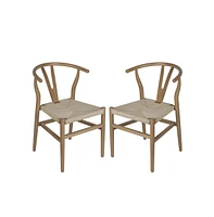 Merrick Lane Staci Set Of 2 Stack Dining Chairs With Wishbone Style Design, Solid Wood Frames, Woven Kraft Paper Rope Seats