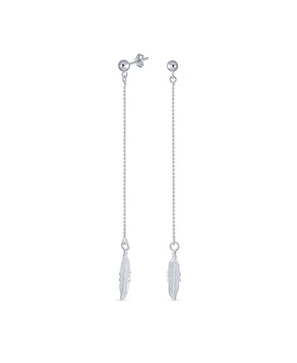 Bling Jewelry Boho Minimalist Long Thin Linear Beaded Ball Chain Feather Leaf Dangle Earrings Western Jewelry For Women .925 Sterling Silver