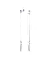 Bling Jewelry Boho Minimalist Long Thin Linear Beaded Ball Chain Feather Leaf Dangle Earrings Western Jewelry For Women .925 Sterling Silver