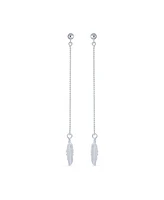 Bling Jewelry Boho Minimalist Long Thin Linear Beaded Ball Chain Feather Leaf Dangle Earrings Western Jewelry For Women .925 Sterling Silver