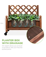 Best Choice Products Set of 2 48in Wood Planter Box & Diamond Lattice Trellis, w/ Drainage, Optional Wheels - Walnut