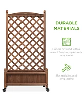 Best Choice Products Set of 2 48in Wood Planter Box & Diamond Lattice Trellis, w/ Drainage, Optional Wheels - Walnut