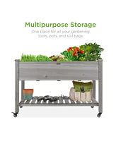 Best Choice Products Raised Garden Bed 48x23x32in Wood Mobile Elevated Planter w/ Wheel Locks, Shelf, Liner
