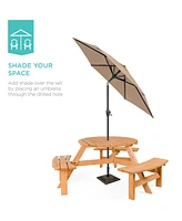 Best Choice Products 6-Person Circular Outdoor Wooden Picnic Table w/ 3 Built-In Benches, Umbrella Hole