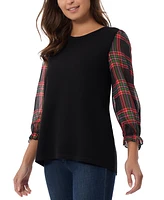 Jones New York Petite Plaid Sleeve Boatneck Top