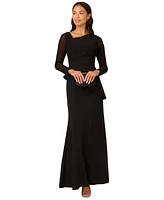 Adrianna Papell Women's Mesh-Long-Sleeve Crepe Gown