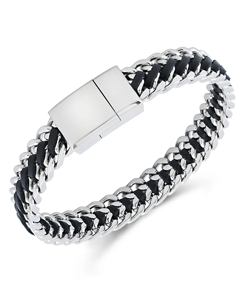 Rhona Sutton Silver Stainless Steel Statement Leather and Chain Bracelet