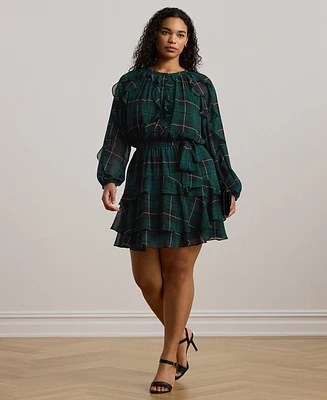 Lauren Ralph Plus Ruffled Plaid Fit & Flare Dress