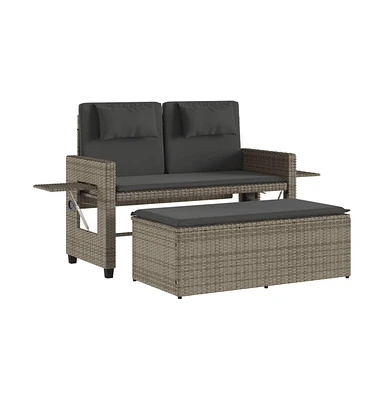 vidaXL Reclining Patio Bench with Cushions Gray Poly Rattan