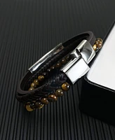 Rhona Sutton Black Tigers Eye Plated Leather Stainless Steel Bracelet