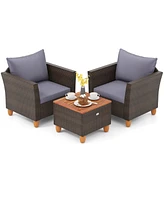3 Pcs Outdoor Patio Rattan Bistro Furniture Set Wooden Table Top Cushioned Sofa