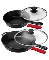 Megachef Pre-Seasoned 6 Piece Cast Iron Skillet Set with Lids and Red Silicone Holders